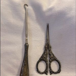 Sterling Silver Button Hook and Sewing Scissors